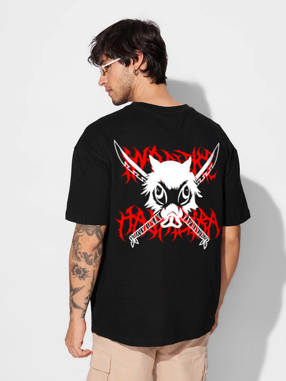 INOSUKE DEMON SLAYER OVERSIZED 240 GSM UNISEX BLACK TSHIRT - INDIE APES