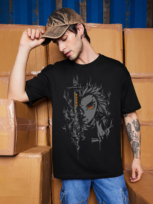 RENGOKU DEMON SLAYER OVERSIZED 240 GSM UNISEX BLACK TSHIRT - INDIE APES