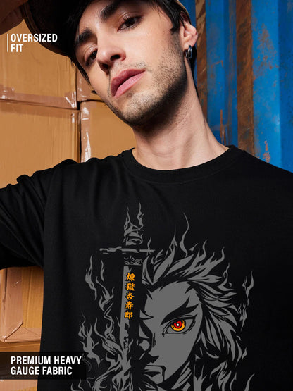 RENGOKU DEMON SLAYER OVERSIZED 240 GSM UNISEX BLACK TSHIRT - INDIE APES