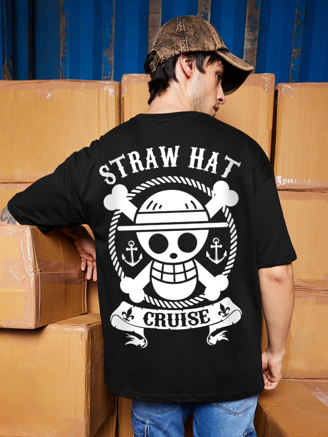 STRAWHAT PIRATES ONE PIECE OVERSIZED 240 GSM UNISEX BLACK TSHIRT - INDIE APES