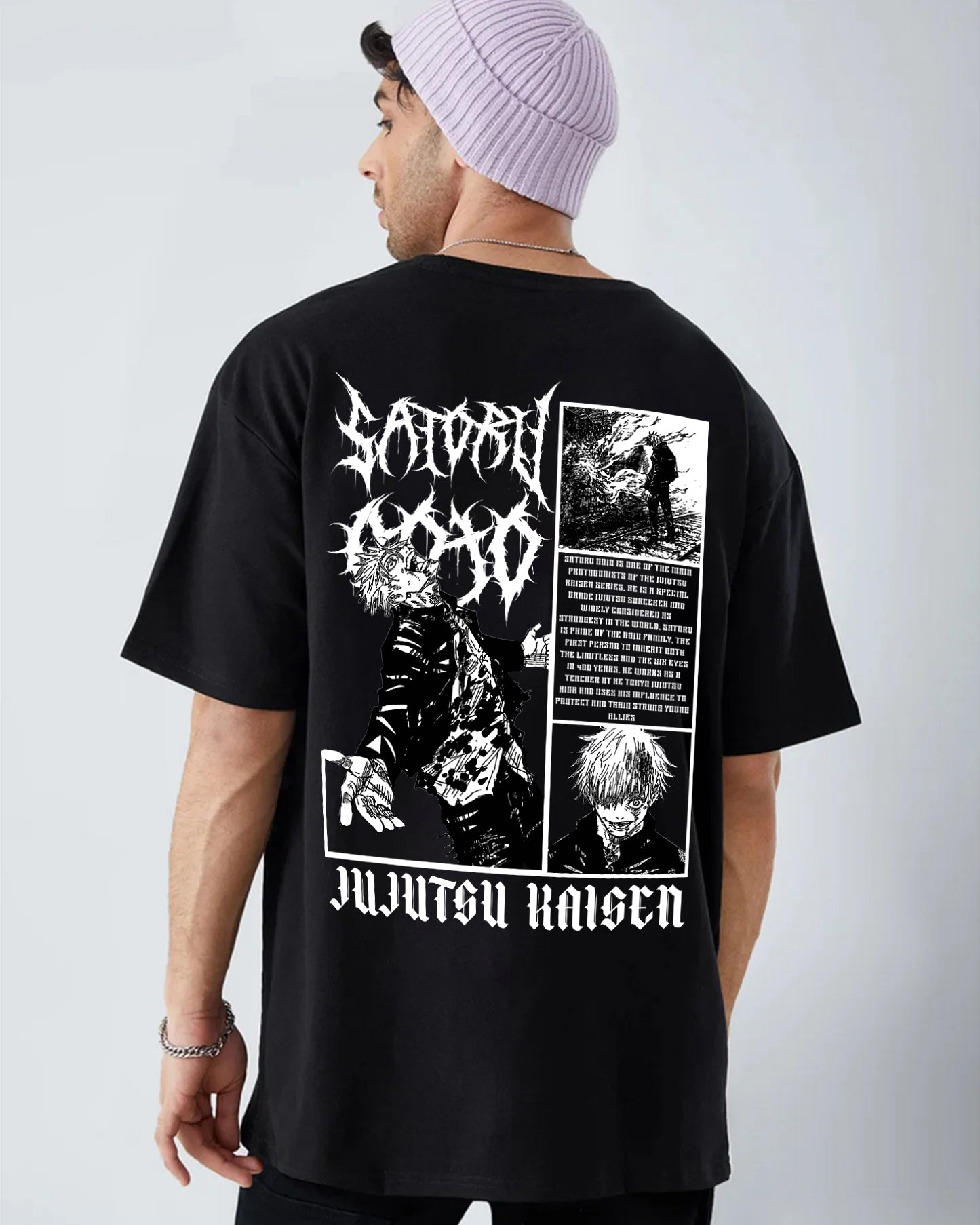 SATORU GOJO MANGA OVERSIZED 240 GSM UNISEX BLACK TSHIRT - INDIE APES