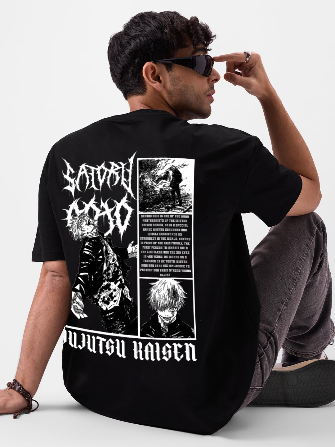 SATORU GOJO MANGA OVERSIZED 240 GSM UNISEX BLACK TSHIRT - INDIE APES