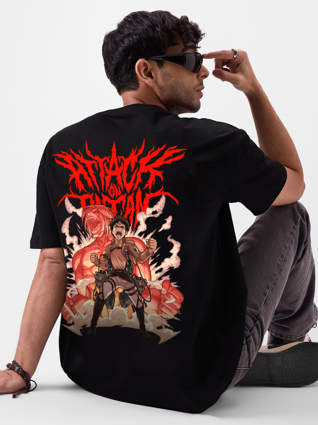 EREN YEAGER ATTACK ON TITAN OVERSIZED 240 GSM UNISEX BLACK TSHIRT - INDIE APES