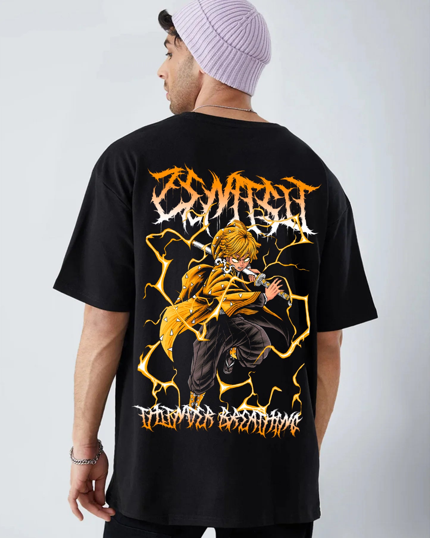 ZENITSU DEMON SLAYER OVERSIZED 240 GSM UNISEX BLACK TSHIRT - INDIE APES